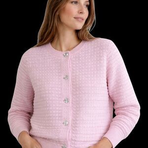 Pretty Garden Baby Pink Cardigan Sweater 100% Cotton Rib Knit Classic Preppy M